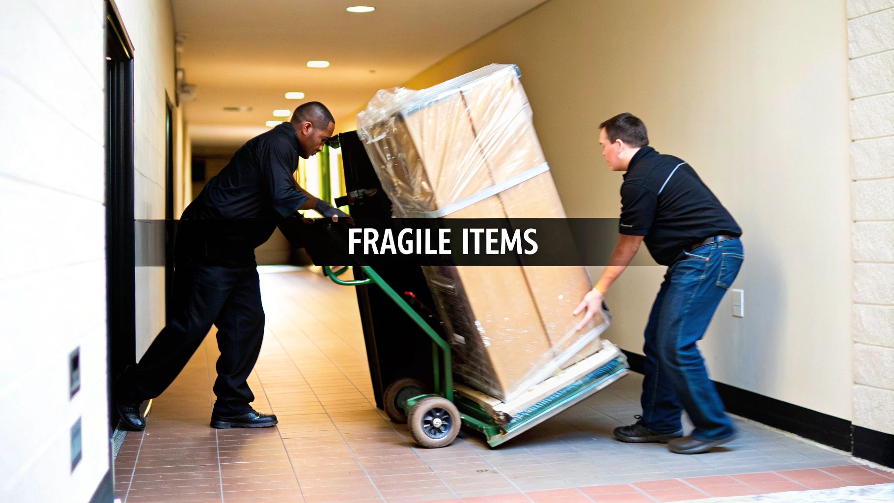 Two movers carefully transport large, shrink-wrapped boxes labeled 'FRAGILE ITEMS' on a hand truck down a hallway.