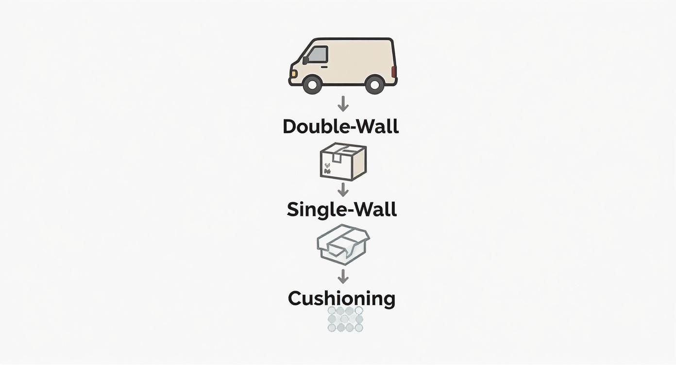 Diagram showing packaging progression from delivery van through double-wall box, single-wall box, to cushioning materials