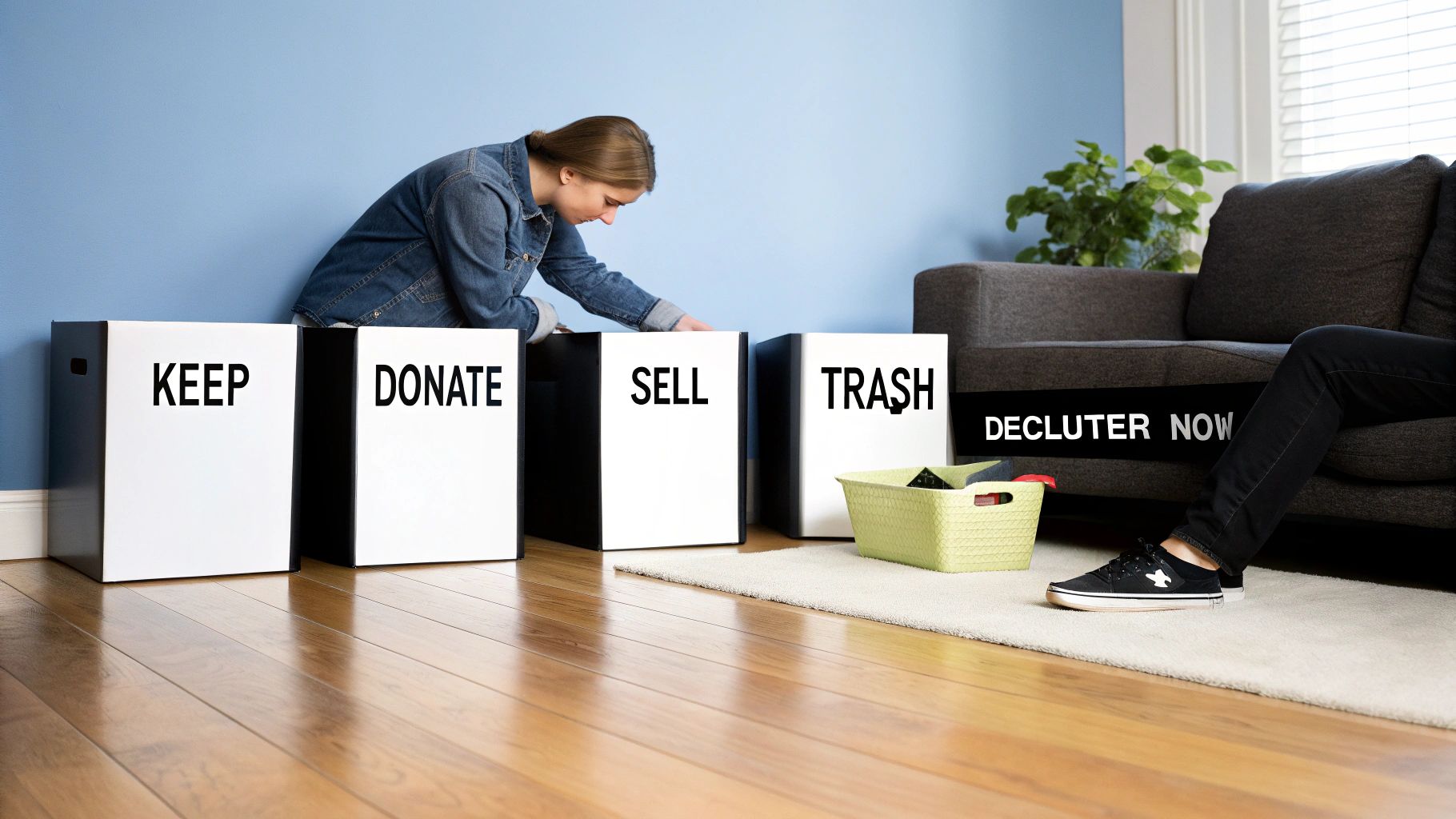 A person sorts belongings into four labeled boxes: Keep, Donate, Sell, and Trash for decluttering.