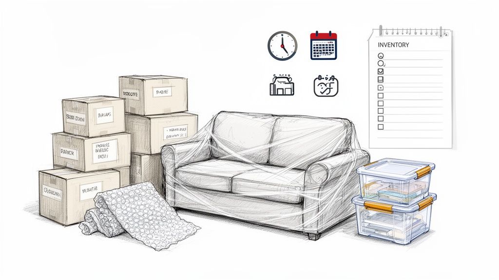 Moving boxes, a plastic-wrapped sofa, bubble wrap, clear bins, and an inventory checklist.