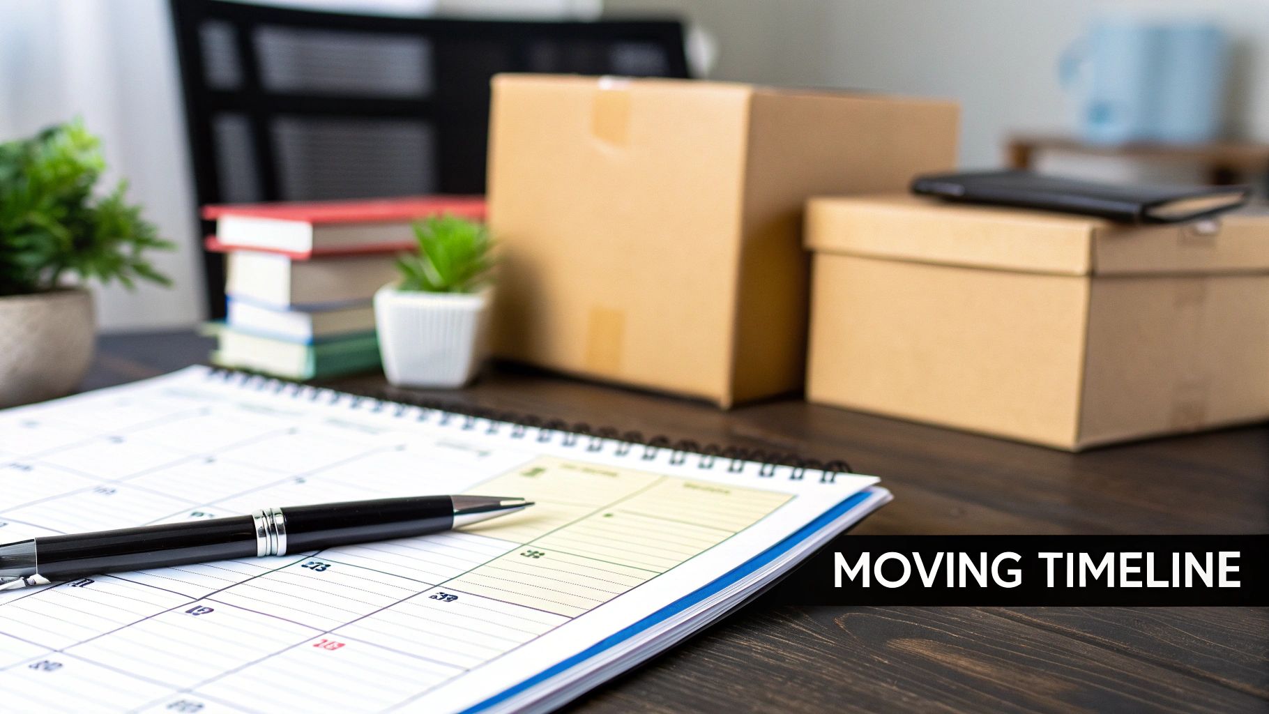 A close-up of a calendar and pen on a desk with moving boxes, books, and plants.