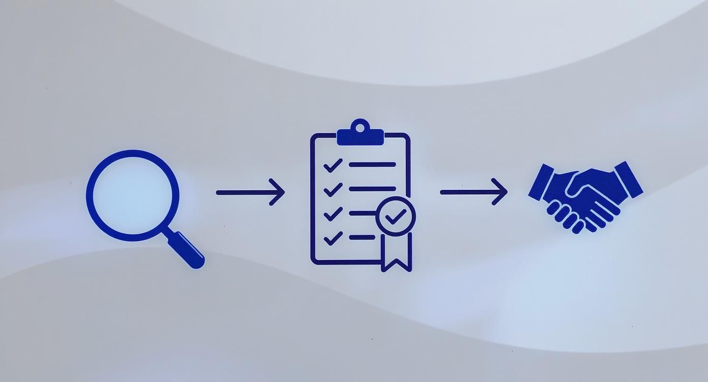 Blue icons illustrating a process: magnifying glass for discovery, checklist for compliance, and handshake for agreement.