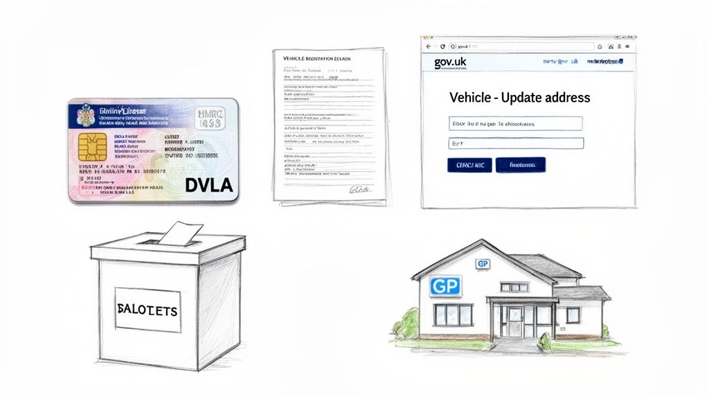 Various official documents and public services related to address changes, including an ID, vehicle registration, and government website.