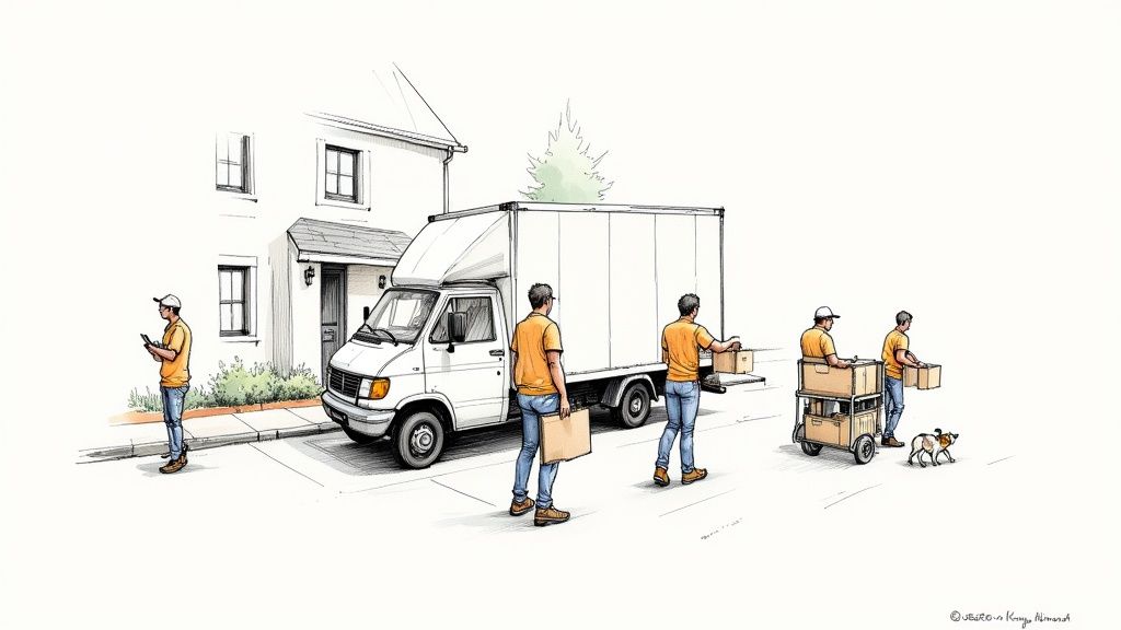 Several workers unload cardboard boxes from a white moving truck parked in front of a house.