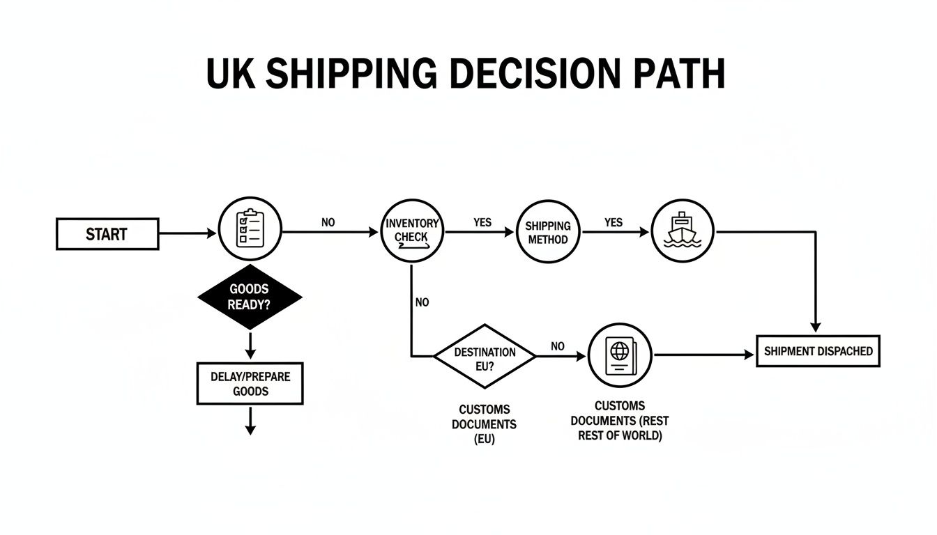 Flowchart illustrating the UK shipping decision process, covering inventory, customs, and shipment dispatch.