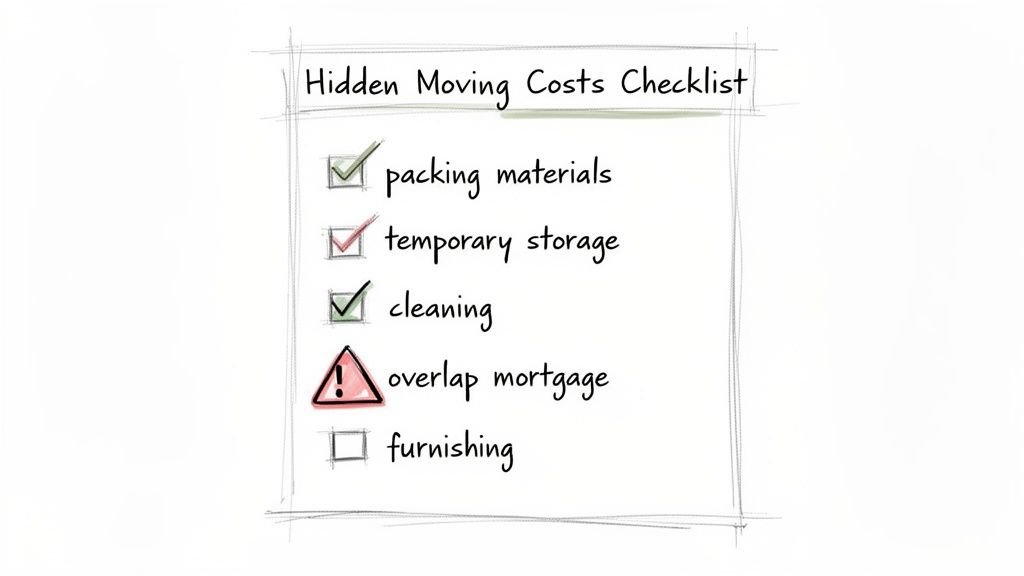 A handwritten checklist titled 'Hidden Moving Costs Checklist' with expenses like packing, storage, and cleaning.