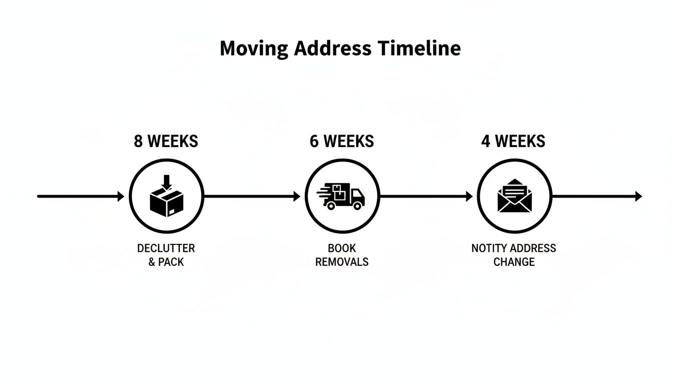 A moving address timeline illustrating three key steps: declutter and pack, book removals, and notify address change.