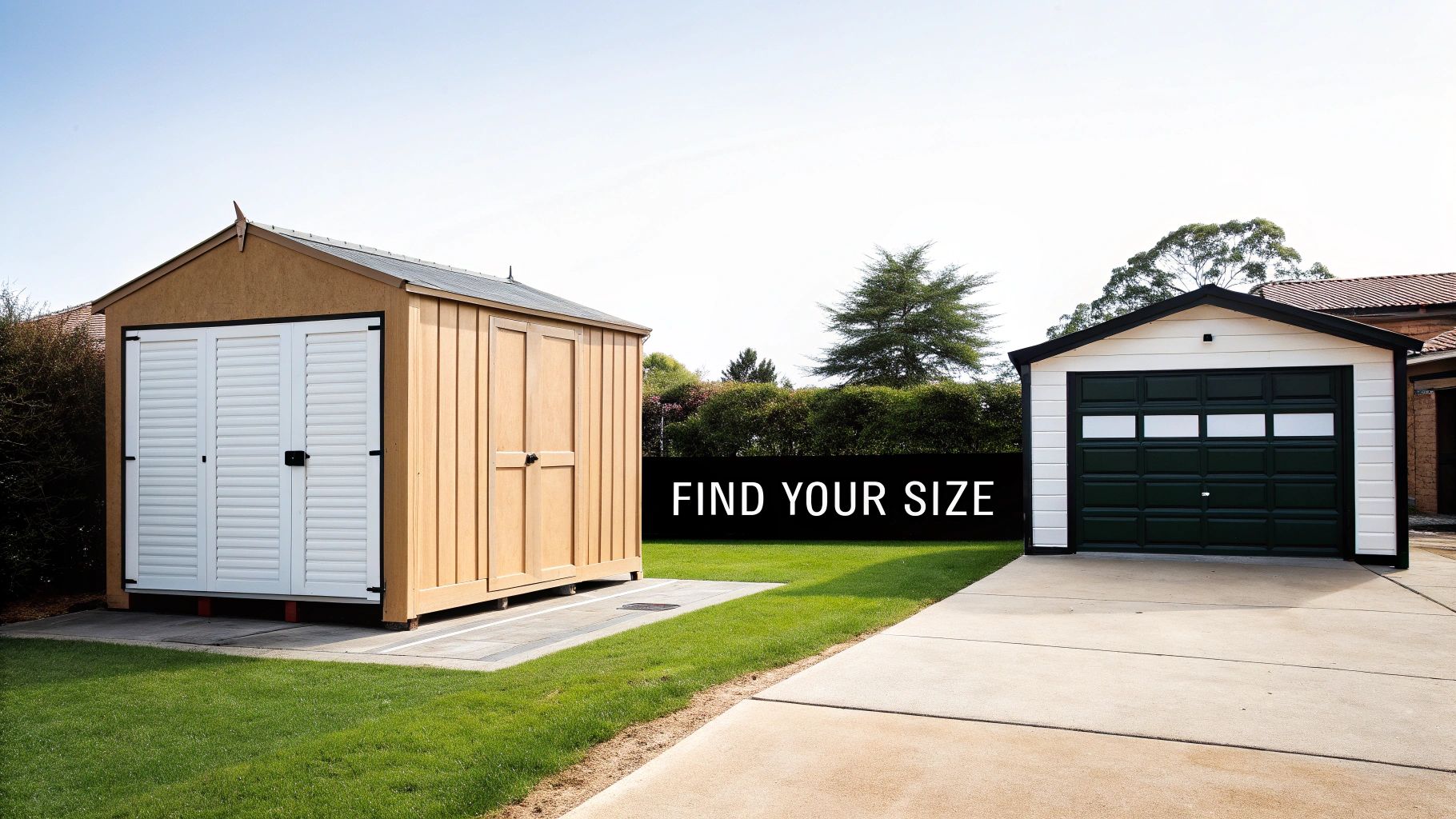 Two sheds in a backyard, one wooden and one garage, with text 'FIND YOUR SIZE' for guidance.