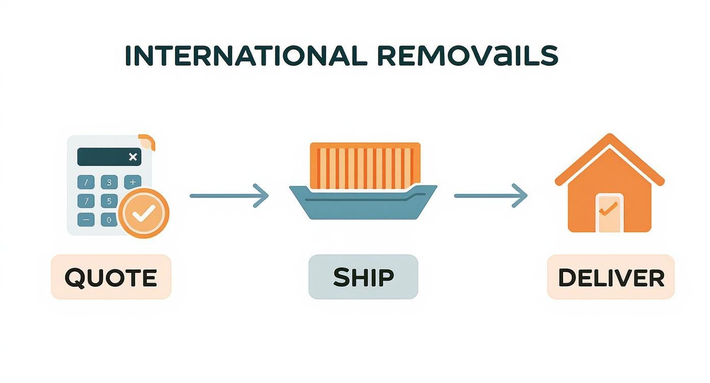 Infographic showing three steps for international removals: get a quote, ship items, and delivery to home.