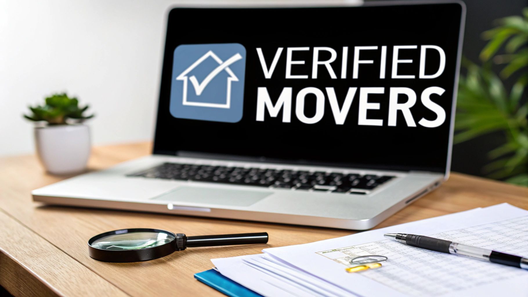 Laptop displaying Verified Movers logo on wooden desk with magnifying glass and documents