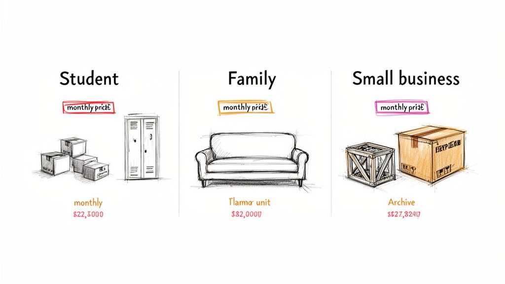 Illustrative comparison of monthly storage prices for student, family, and small business needs.