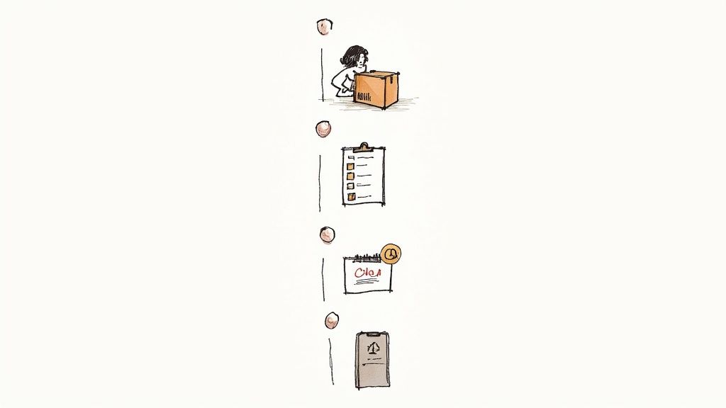 An illustration showing a removals process with a person moving a box, a checklist, a scheduled appointment, and a document.