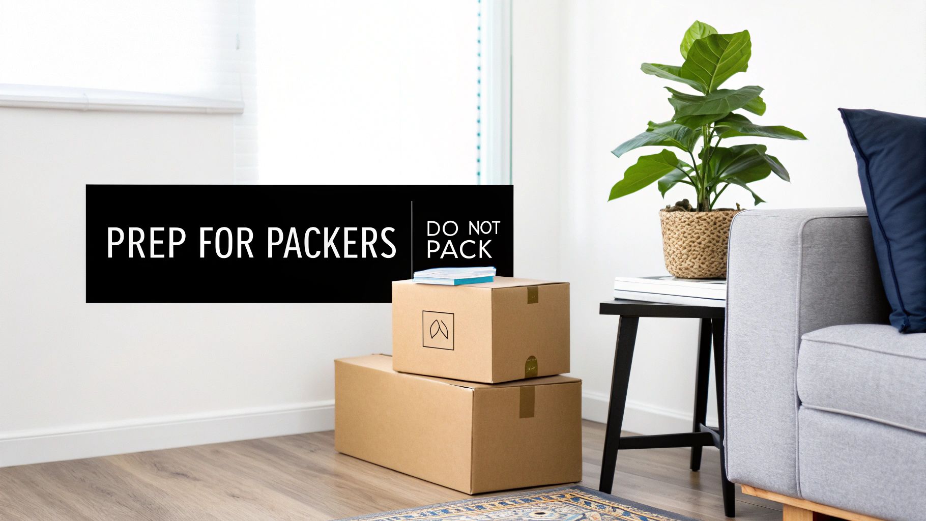 Cardboard moving boxes stacked in modern living room with do not pack sign for professional packers