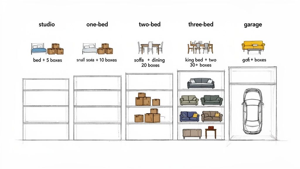 An infographic illustrating various storage unit sizes for studio, one-bed, two-bed, three-bed, and garage, showing typical contents.