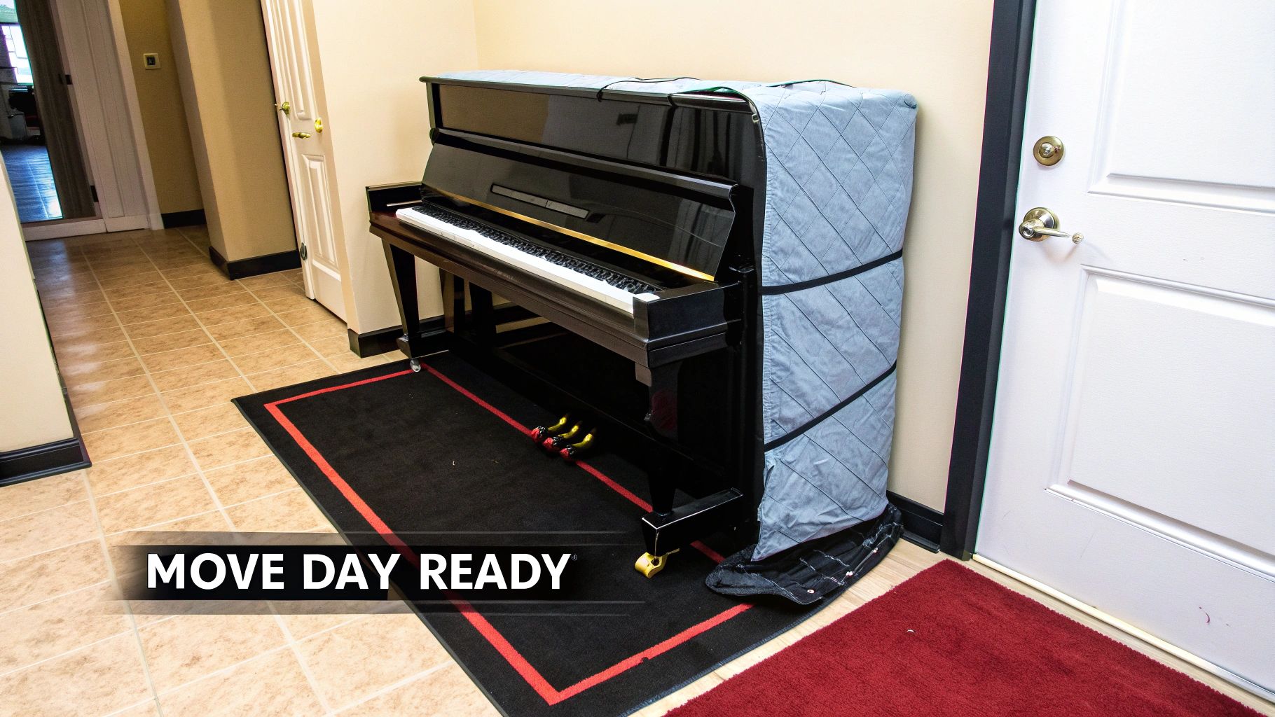Upright piano, covered in a moving blanket and on yellow caster cups, prepared for moving day.