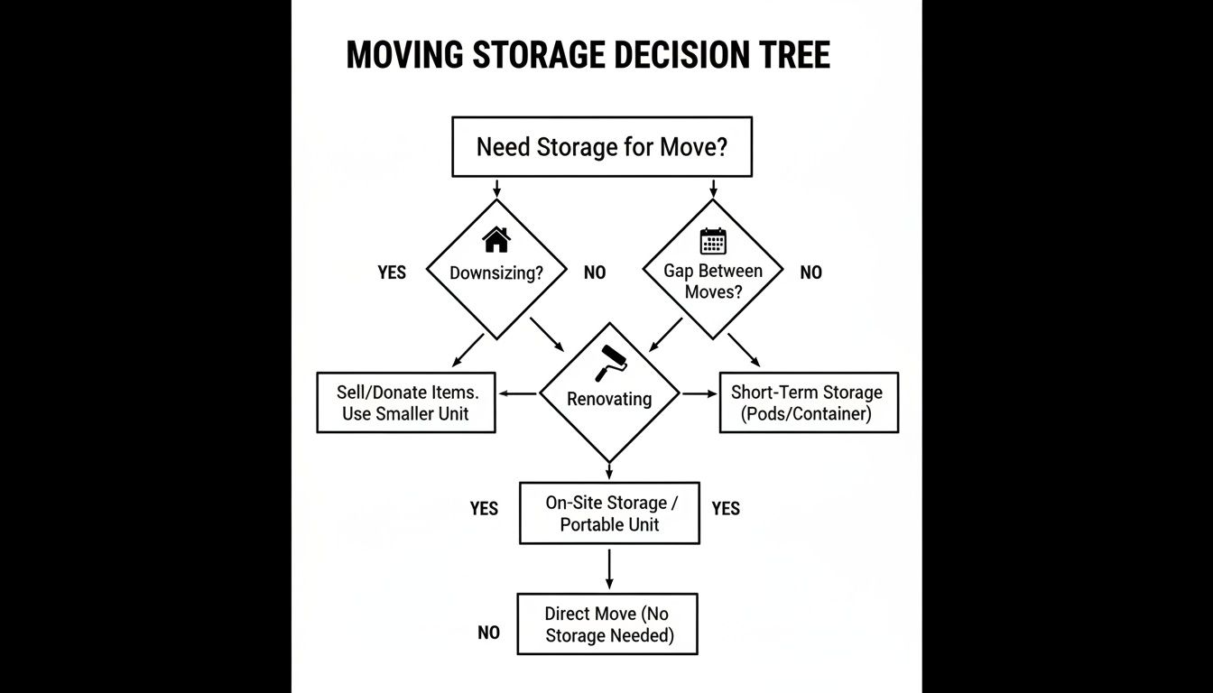 A decision tree flowchart guiding users through various moving storage options based on different scenarios.