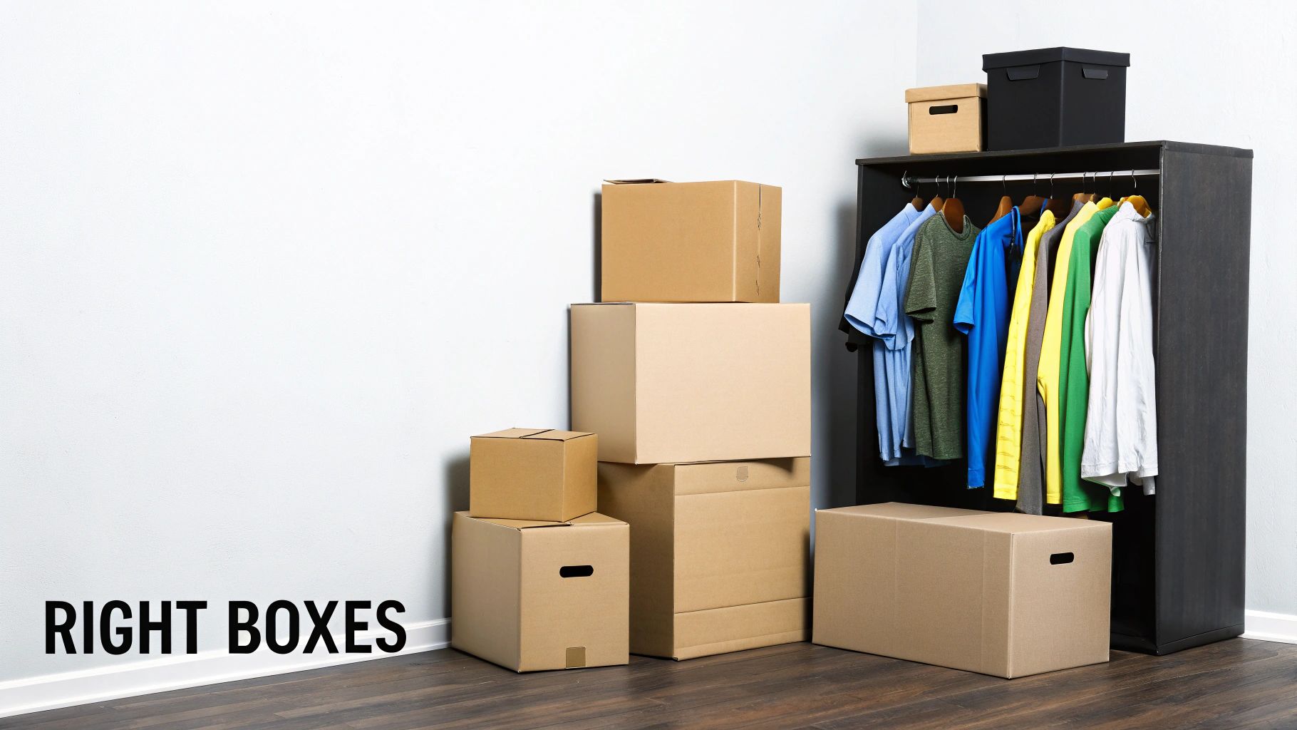 Various cardboard moving boxes stacked next to an open wardrobe filled with clothes.