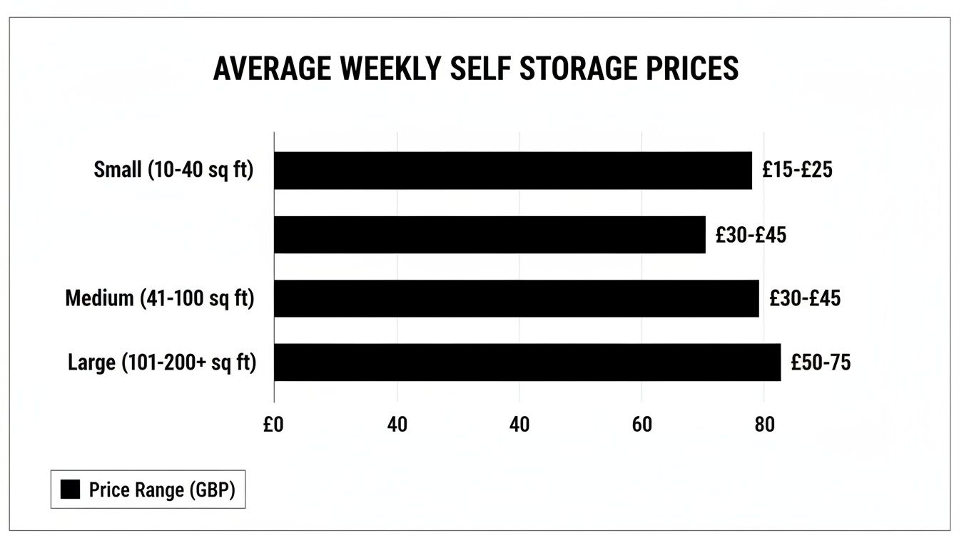 Horizontal bar chart illustrating average weekly self storage prices across different sizes.