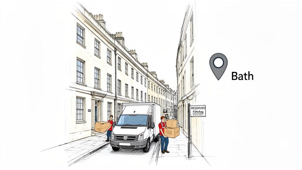 Illustration of movers unloading boxes from a van on a street in Bath, featuring Georgian architecture.