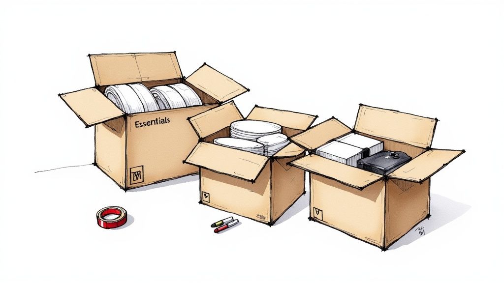 Three open cardboard moving boxes filled with plates, books, and essentials, with tape and markers on the floor.