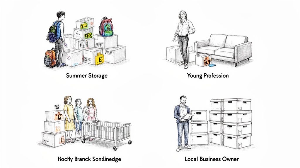 Illustrations showing different users of self-storage: a student, young professional, family, and business owner.