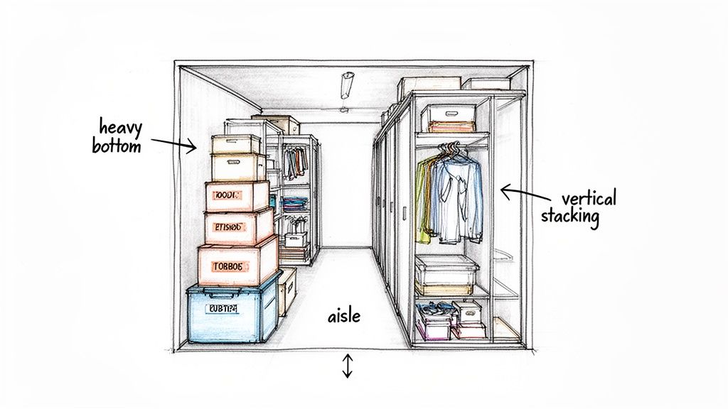 A detailed sketch of an organized storage unit, showing vertical stacking, heavy bottom boxes, and an aisle.