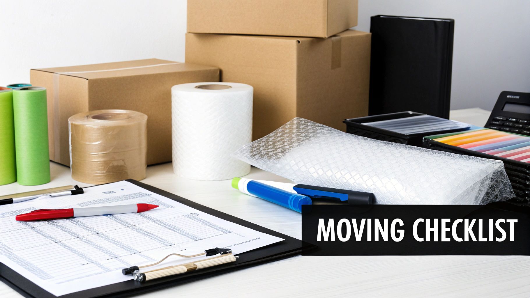 A neat stack of packed moving boxes, tape, and bubble wrap.