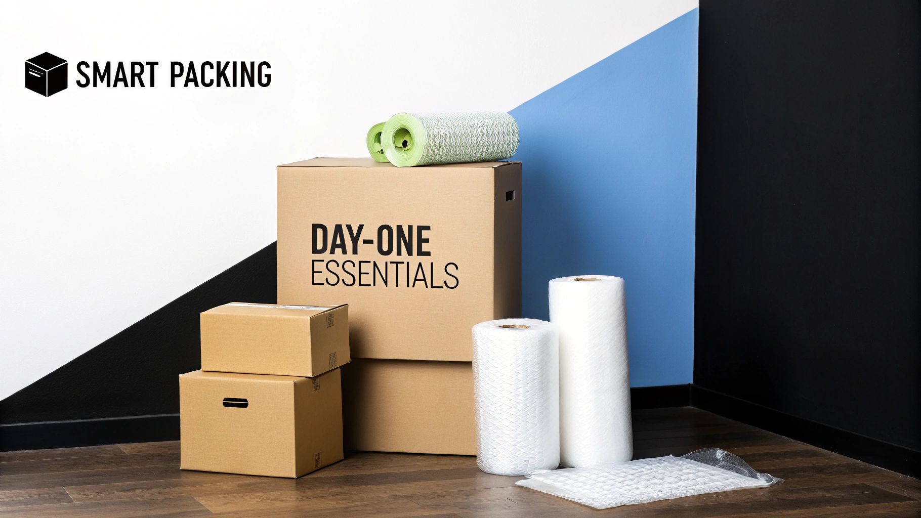 Moving essentials: cardboard boxes, bubble wrap, and packing paper rolls on a wooden floor.