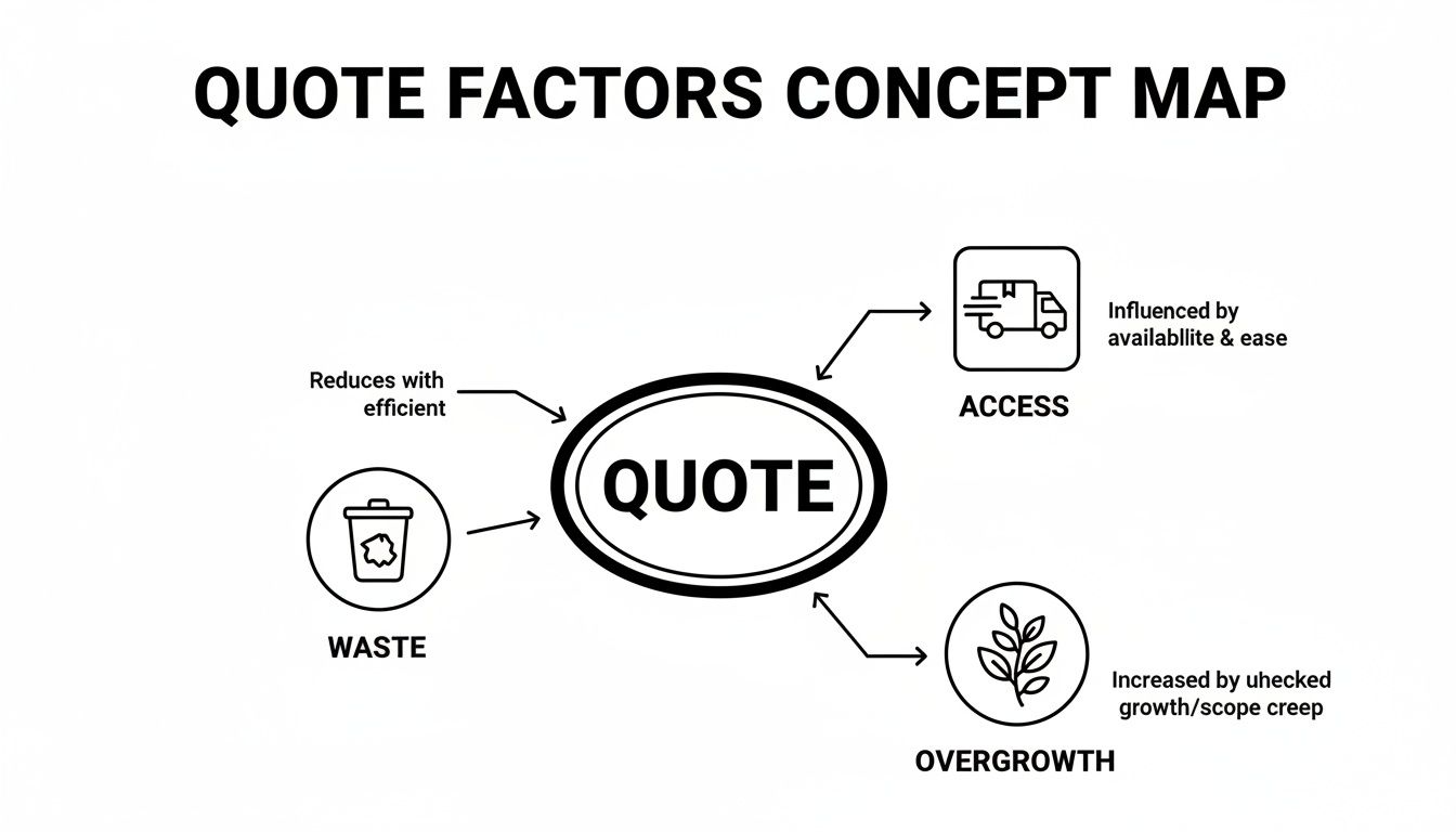 A concept map detailing factors that impact a quote, such as waste, access, and overgrowth.