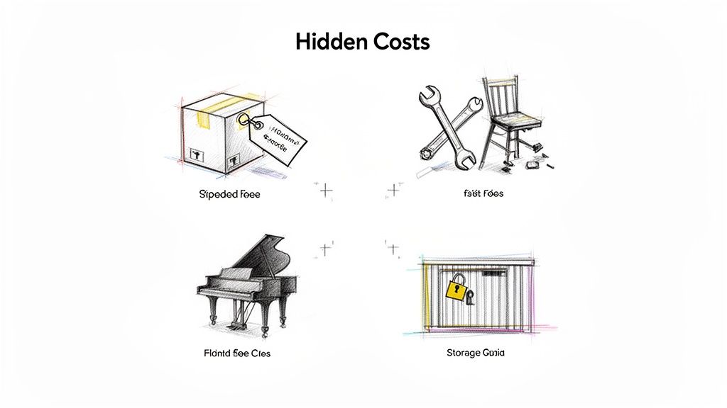 Illustrations of hidden costs, including shipping, assembly, piano handling, and storage fees for moving.