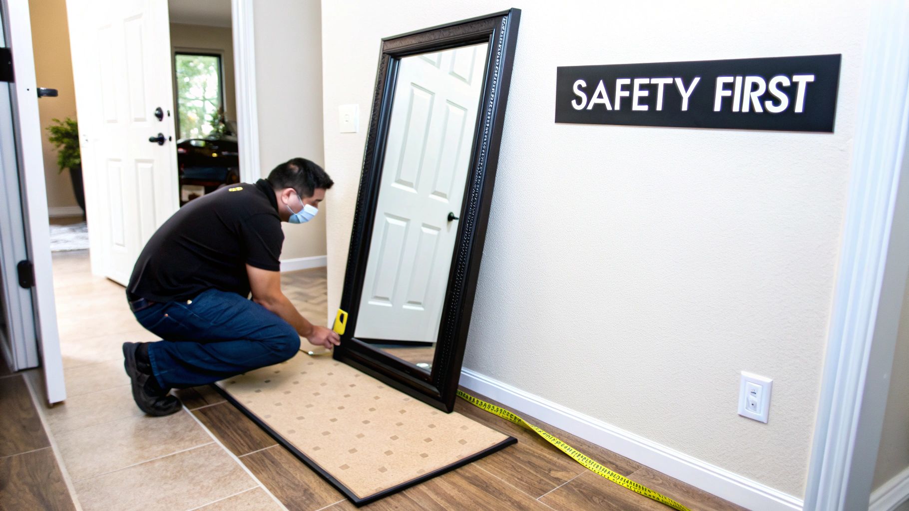A man in a face mask measures a large mirror leaning against a wall, preparing for installation.