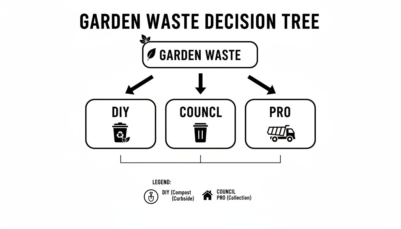 A garden waste decision tree diagram illustrating three options: DIY composting, Council collection, or Professional service.
