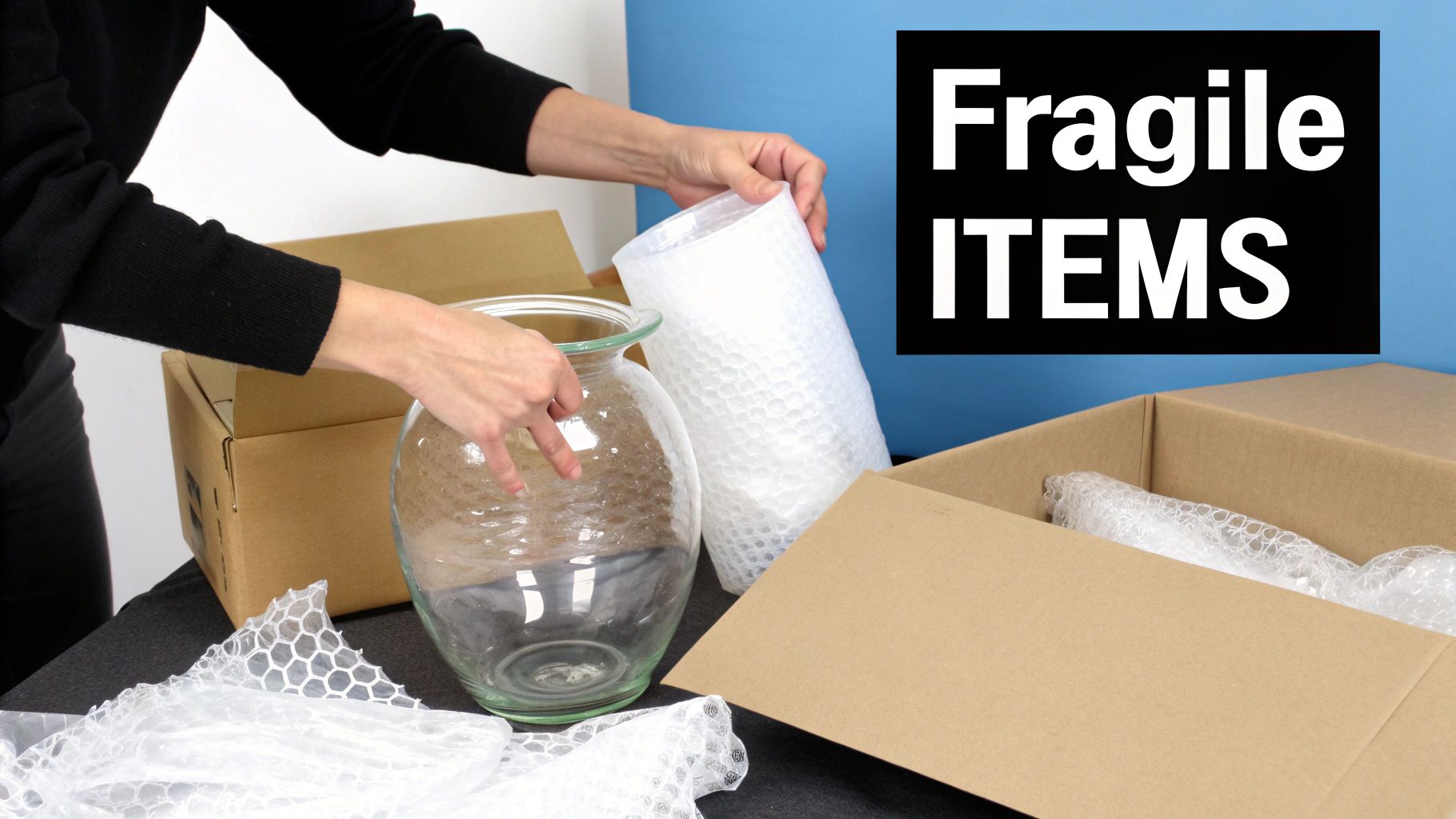 A person carefully packing a large glass vase with bubble wrap into a moving box labeled 'Fragile ITEMS'.