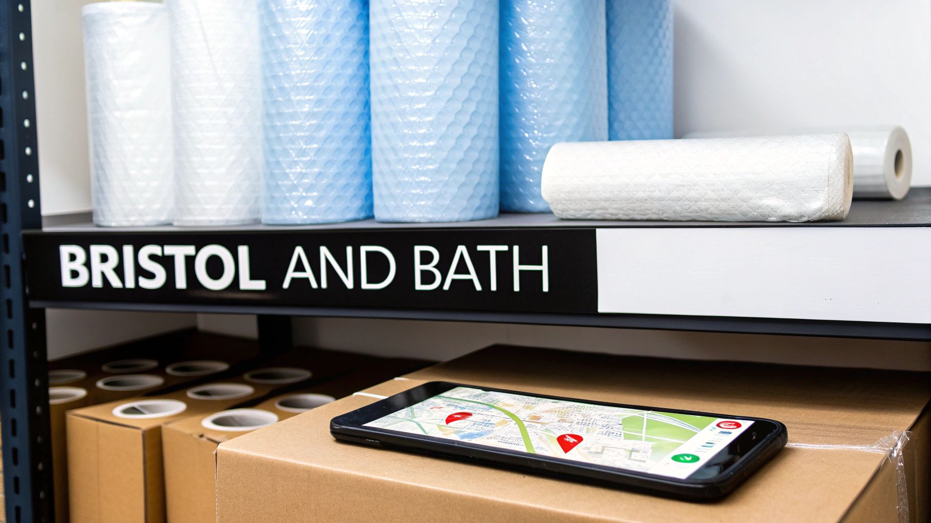 Smartphone displaying map with delivery locations on shelf next to Bristol and Bath packing materials