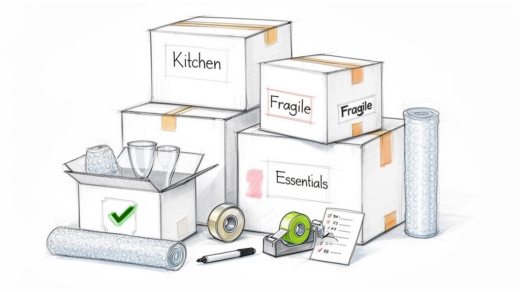 Sketch of moving boxes labeled 'Kitchen,' 'Fragile,' and 'Essentials' with packing tape and bubble wrap.