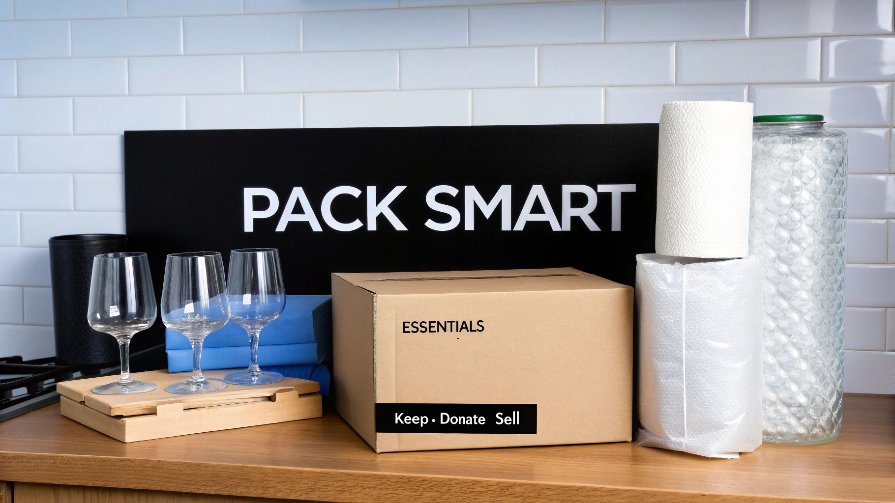 Packing supplies on a kitchen counter, including an 'ESSENTIALS' box, wine glasses, bubble wrap, and a 'PACK SMART' sign.