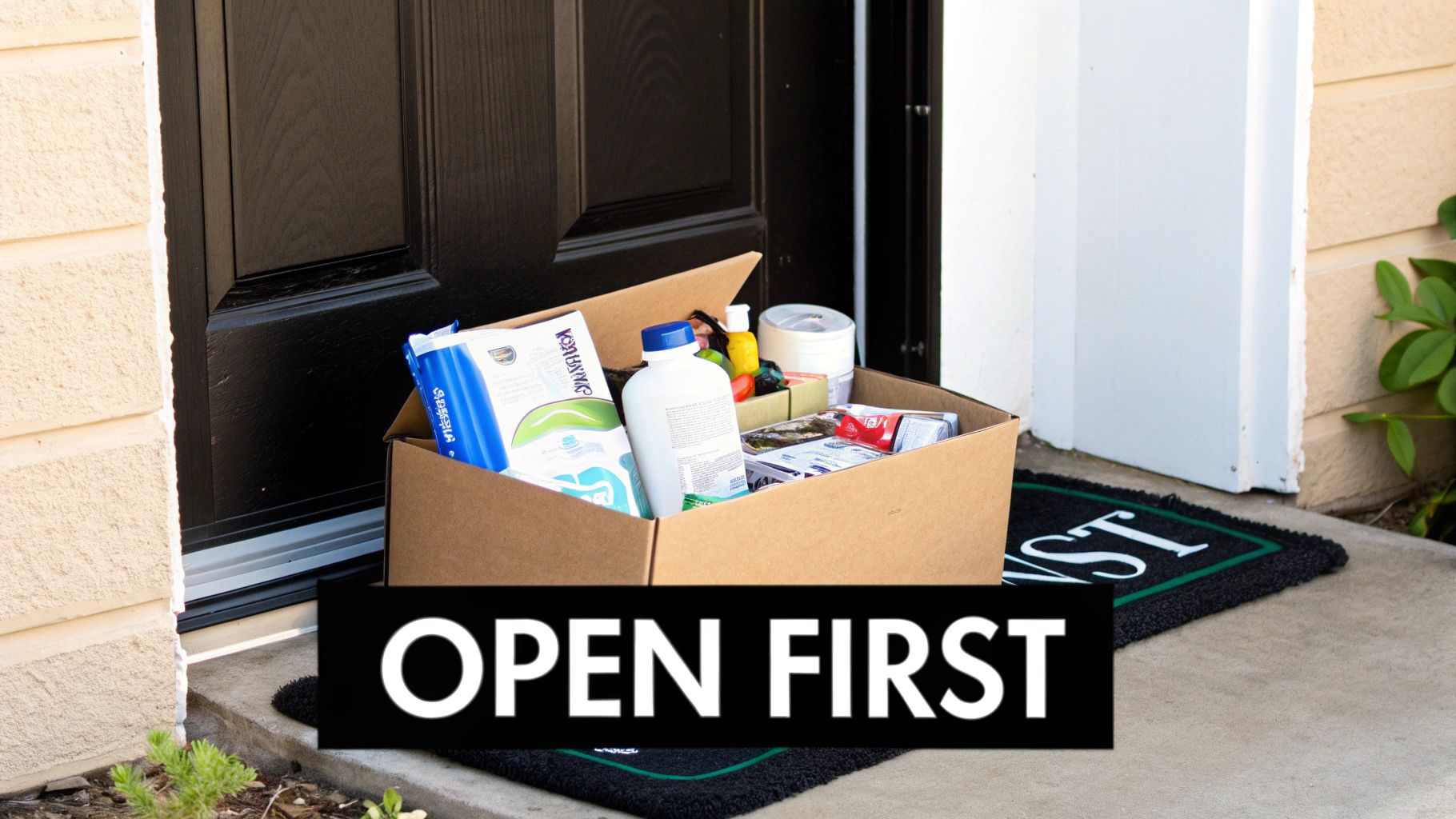 A cardboard box filled with various household items sits on a doormat in front of a black door, with 'OPEN FIRST' text overlay.