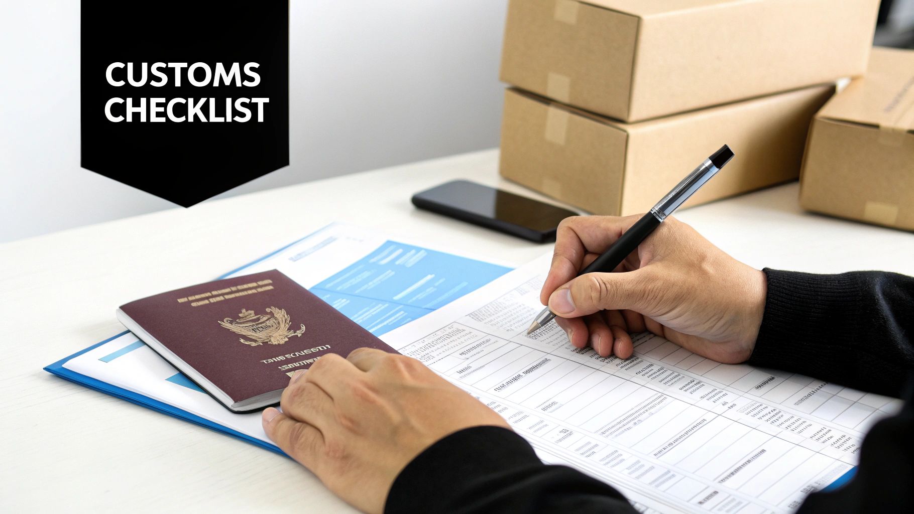 Person filling out a customs checklist form with a passport on a desk, near shipping boxes.