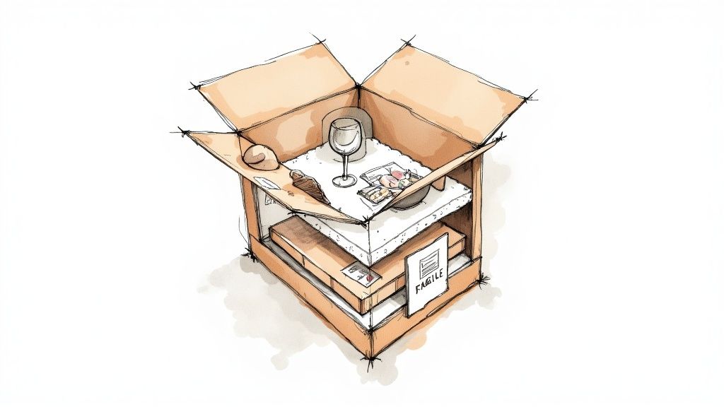 Detailed illustration of an open cardboard moving box, showing fragile items like a wine glass and food, protected by layers.