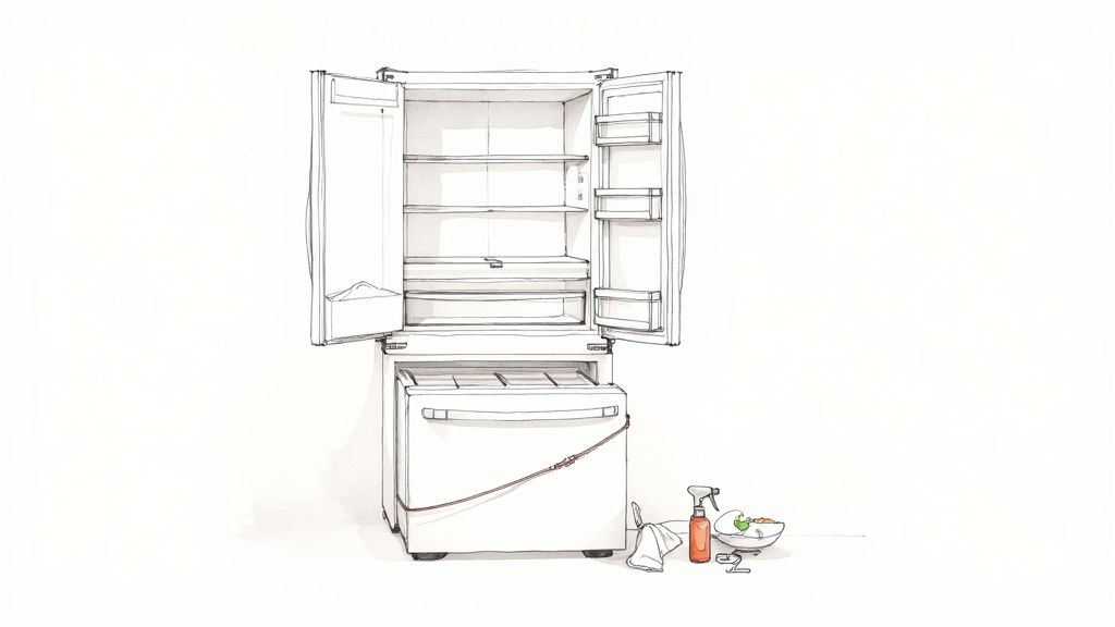 An open, empty refrigerator with a rope tied around it, next to cleaning supplies, suggesting preparation for moving.