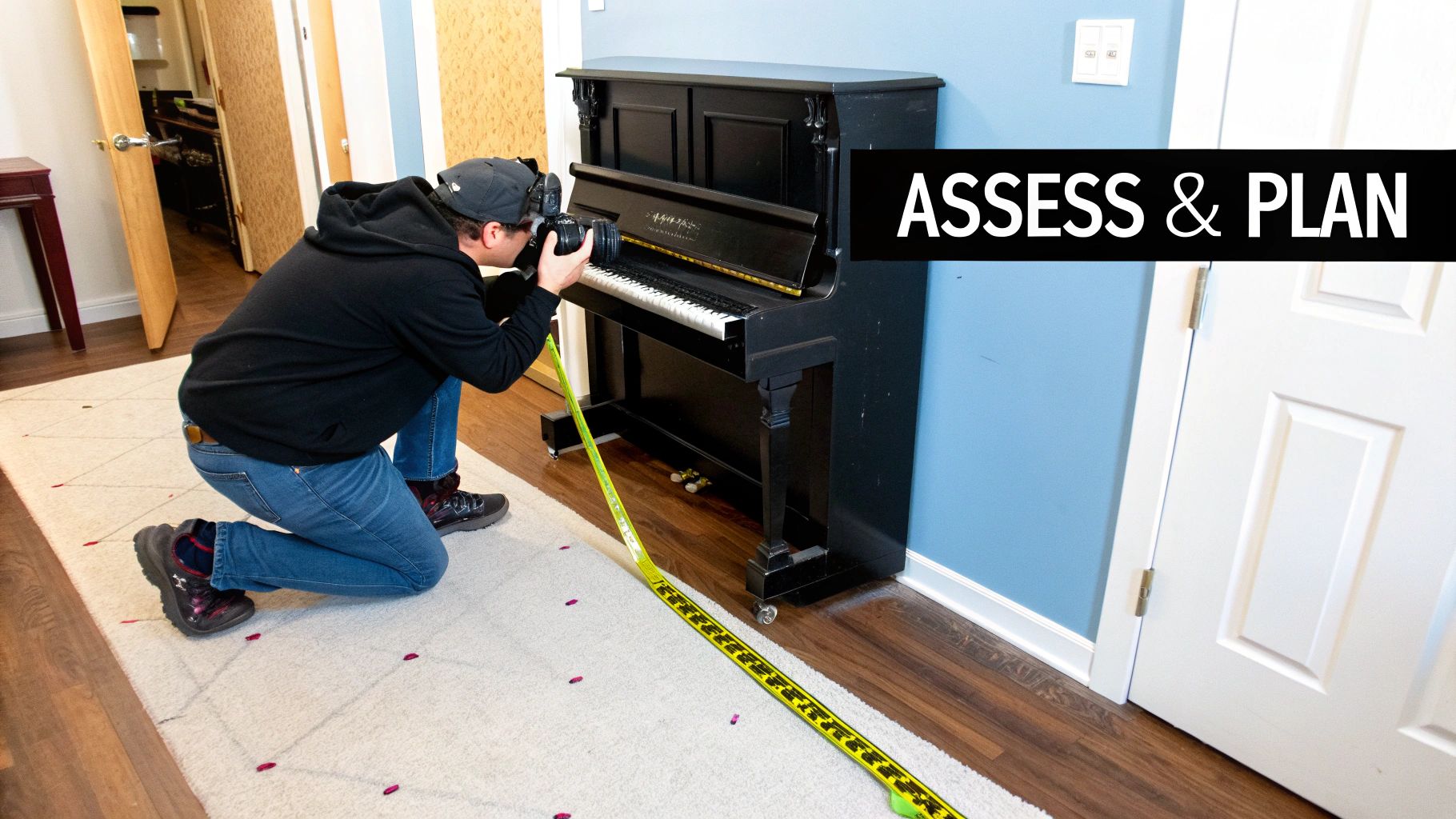 A person kneels on a rug, photographing a black piano with a measuring tape on the floor.