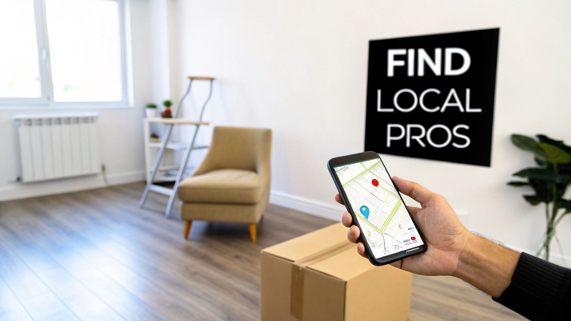 Hand holding phone with map app showing local pros, near a moving box and 'FIND LOCAL PROS' sign.