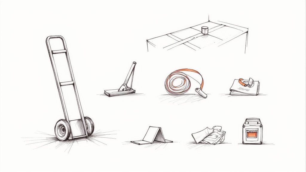 A collection of moving tools and supplies, including a hand truck, moving blankets, straps, and a box.