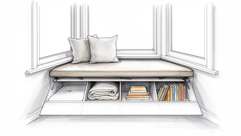 A sketch of a cozy corner window seat with a cushion and storage for blankets and books.