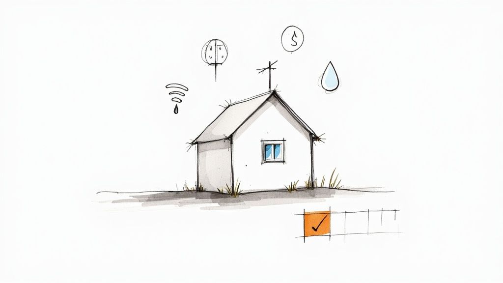 A simple sketch of a house with smart home symbols, a cross on the roof, and a completed checklist item.