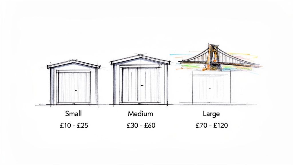 Sketches of small, medium, and large self-storage units with their respective price ranges from £10 to £120.