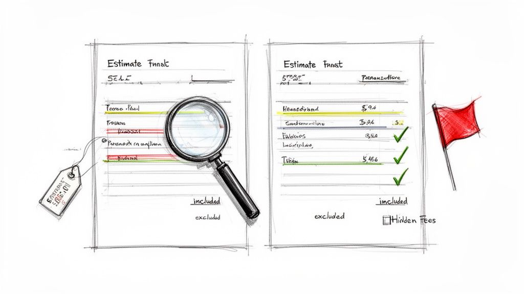 A hand-drawn sketch comparing two cost estimates, one revealing hidden fees, with a magnifying glass and a red flag.
