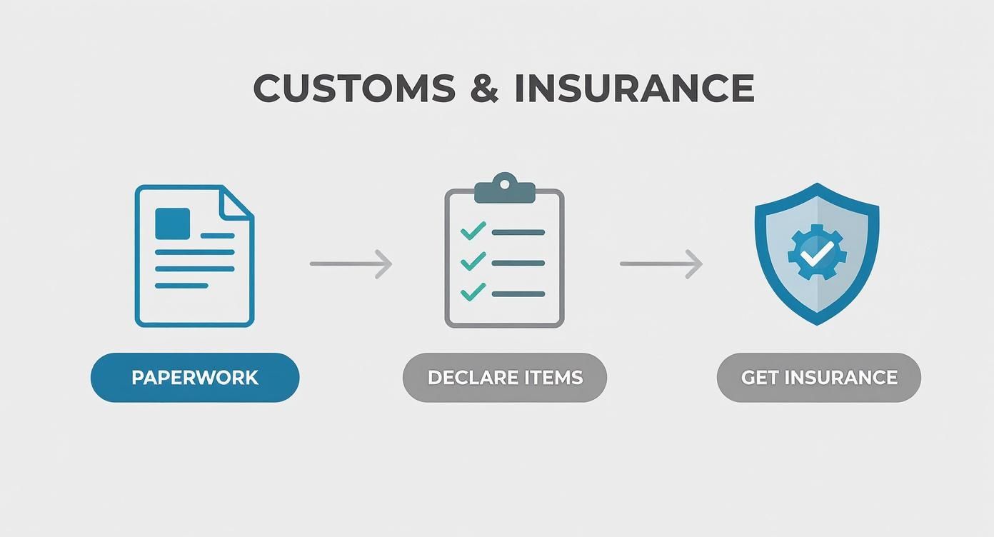 Three-step customs and insurance process workflow showing paperwork, declaration, and insurance coverage icons