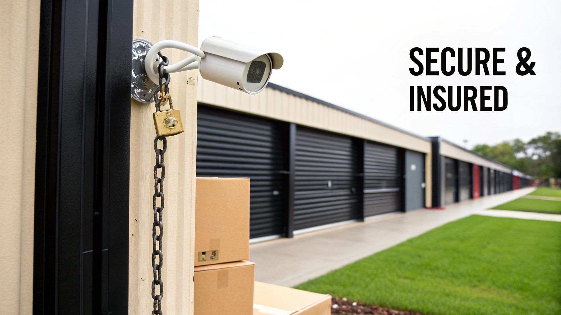 A self-storage facility emphasizing security with a camera, lock, and text 'SECURE & INSURED'.