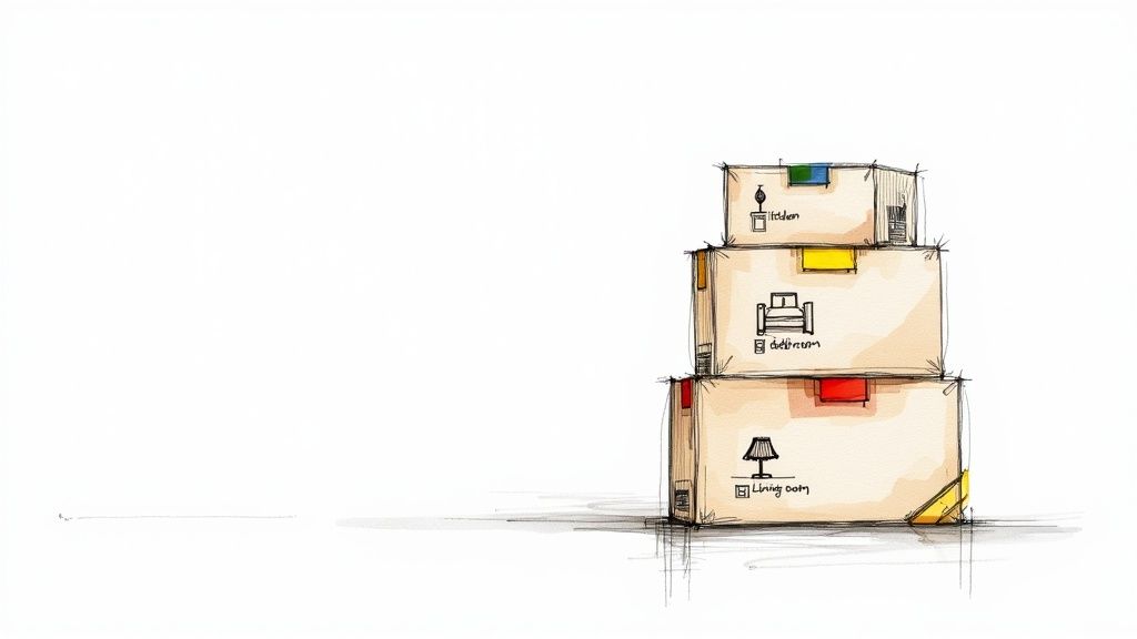 A watercolor sketch illustrating three stacked moving boxes, labeled kitchen, bedroom, and living room, with colored tape.